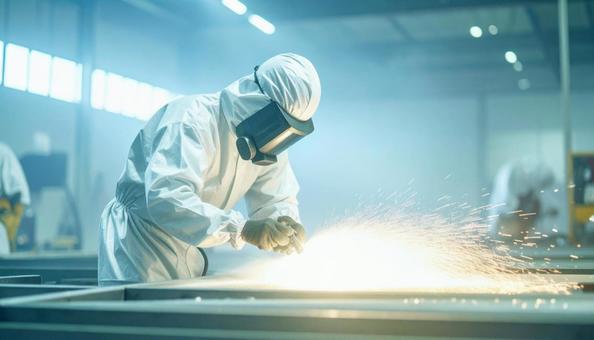 鉄鋼へ加工作業をする作業スタッフ 鉄鋼へ加工作業をする作業スタッフの写真