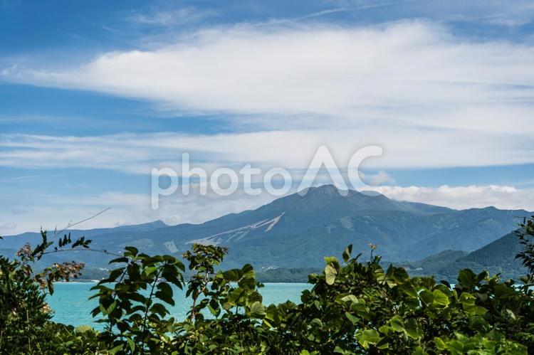 葉っぱと秋晴れの田沢湖１ 田沢湖,葉,山の写真素材
