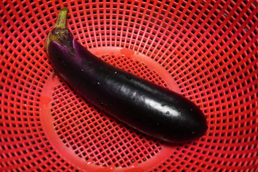 赤いザルと一本のナス 赤いザルと一本のナス なす,茄子,ナスの写真素材