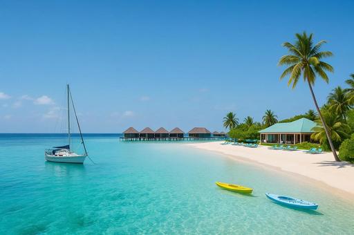 南国リゾートに浮かぶ船やカヌーの写真