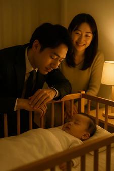 赤ちゃんの寝顔が愛おしいパパ 赤ちゃんの寝顔が愛おしいパパの写真
