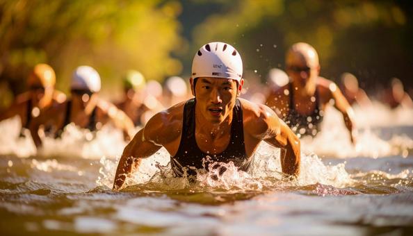 トライアスロン 一斉に水に飛び込む選手 トライアスロン 一斉に水に飛び込む選手の写真