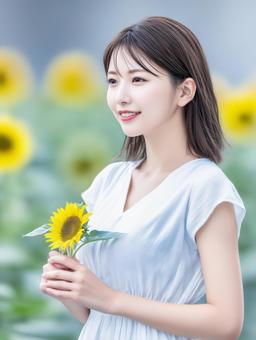 ひまわりと白いワンピースの女性 ひまわりと白いワンピースの女性の写真