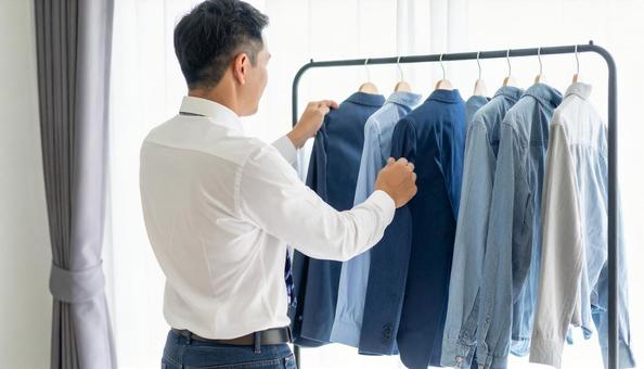 ハンガーにかかる私服を取るビジネスマン ハンガーにかかる私服を取るビジネスマンの写真