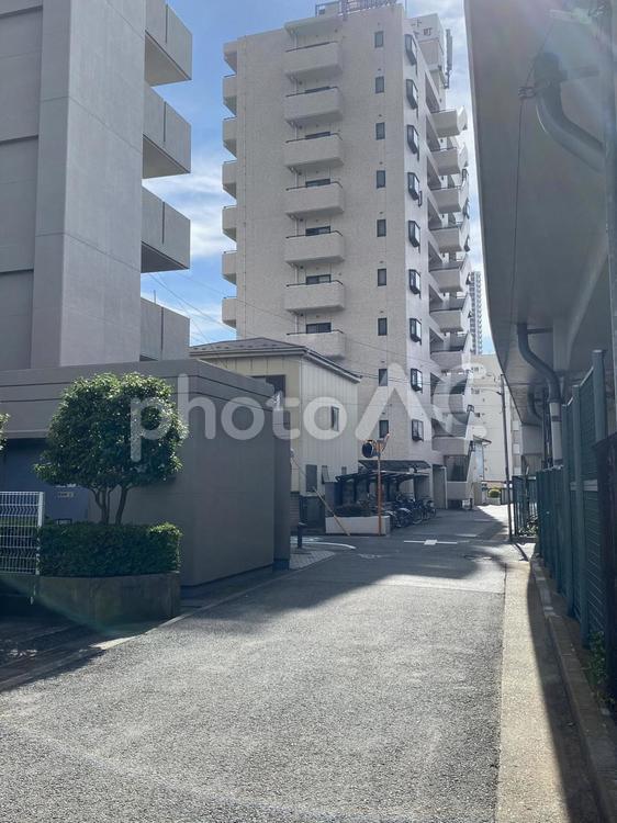 晴天の住宅街の路地 マンション,路地,青空の写真素材