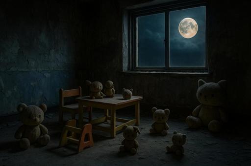 廃墟に放置された子供テーブルとぬいぐるみ 廃墟に放置された子供テーブルとぬいぐるみの写真