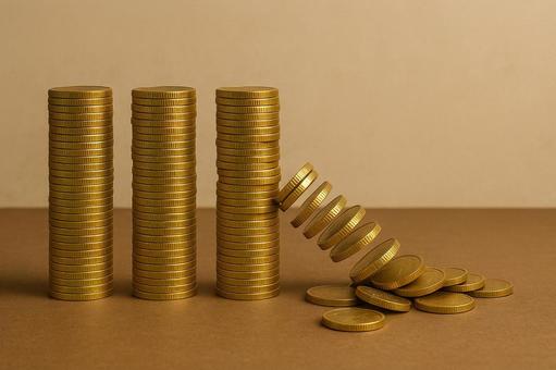 崩れ落ちる硬貨(経済の崩壊) 崩れ落ちる硬貨(経済の崩壊)の写真