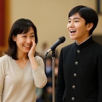 息子の卒業式のスピーチをみて涙する母親 息子の卒業式のスピーチをみて涙する母親の写真