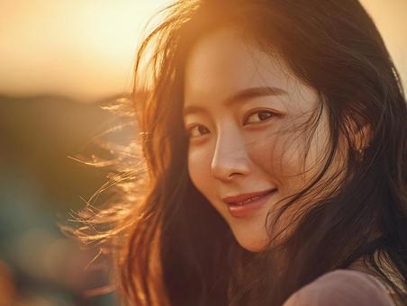 夕日に輝く笑顔の女性の写真