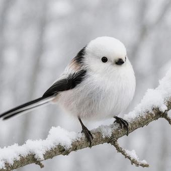 雪の枝にちょこんと乗るかわいいシマエナガ 雪の枝にちょこんと乗るかわいいシマエナガの写真