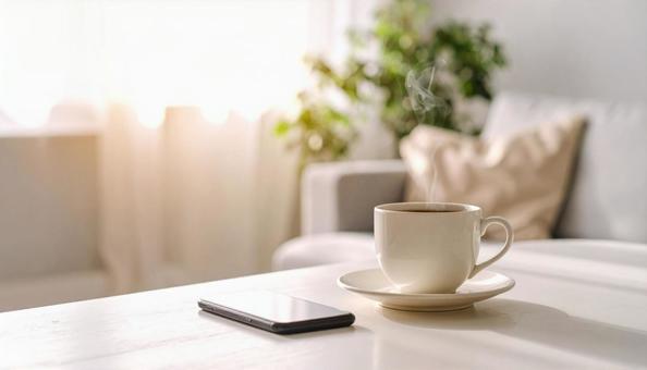 明るいリビングの机に置かれた朝のコーヒー 明るいリビングの机に置かれた朝のコーヒーの写真