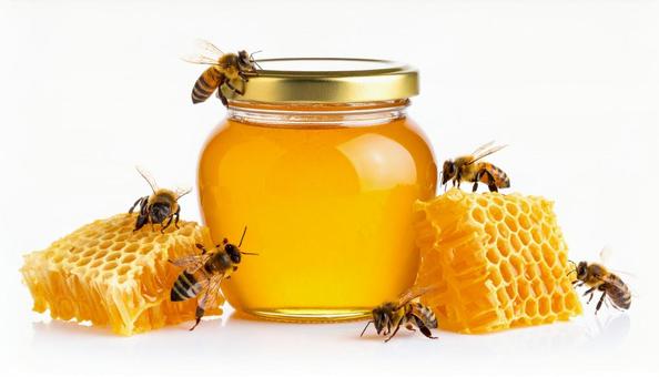 美味しそうな瓶入りハチミツと可愛い蜜蜂の写真