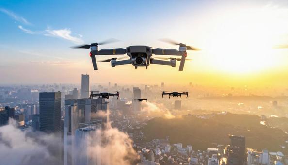 都市上空を飛行するドローン 都市上空を飛行するドローンの写真