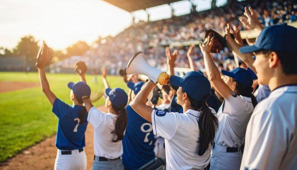 高校野球の観客席で応援する応援団 高校野球の観客席で応援する応援団の写真