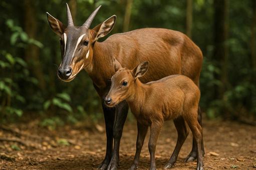 森の中に佇む幻の動物サオラの親子﻿の写真