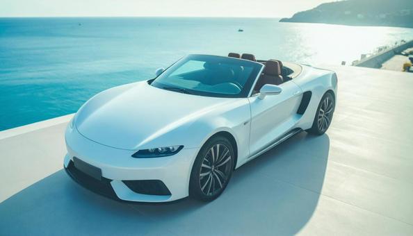 海が見える埠頭に止められたオープンカー 海が見える埠頭に止められたオープンカーの写真