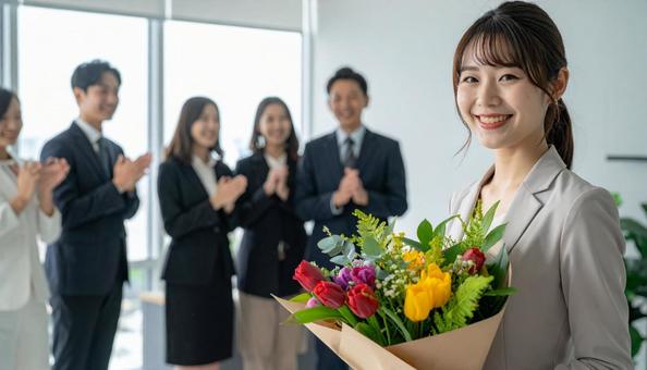 祝福され退職する女性社員 祝福され退職する女性社員の写真