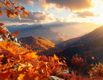 夕焼けの紅葉した山々 夕焼けの紅葉した山々の写真