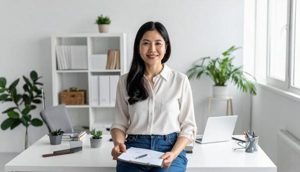 オフィスで働くオシャレな大人女性 オフィスで働くオシャレな大人女性の写真