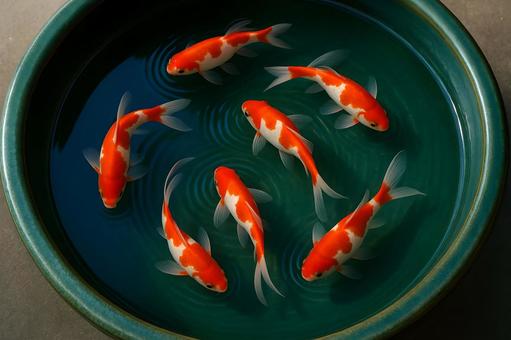 青磁鉢で泳ぐ錦鯉 青磁鉢で泳ぐ錦鯉の写真
