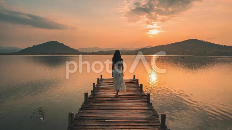 夕暮れの湖畔：桟橋を歩く女性の後ろ姿 桟橋,湖,夕焼けの写真素材