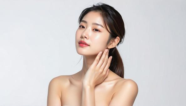 頬に手を当てる透明感のある女性 頬に手を当てる透明感のある女性の写真