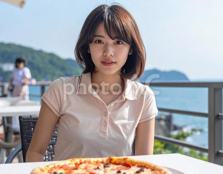 ピザを頼みました 人物,女性,ピザの写真素材