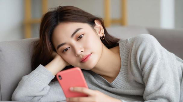 スマートフォンを操作する若い女性 スマートフォンを操作する若い女性の写真