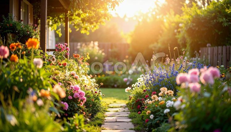 幻想的な庭の風景 景色,やわらかい光,たくさんの花々の写真素材