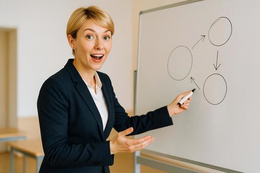 図を描く女性講師 図を描く女性講師の写真