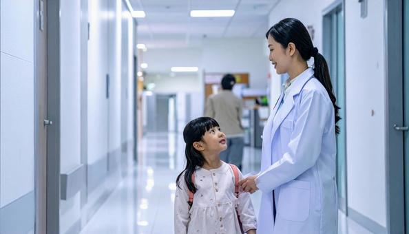 病院の廊下　女の子と話す医師の写真