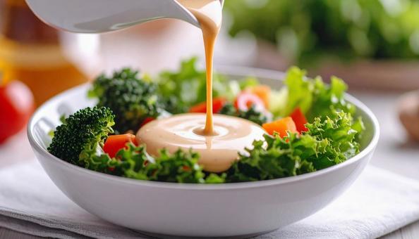 手作りドレッシングをかけるサラダ 手作りドレッシングをかけるサラダの写真