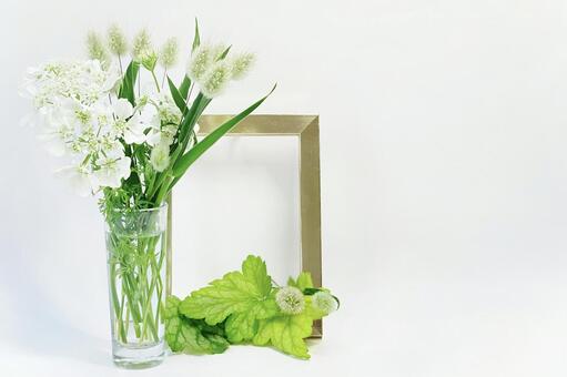 花瓶のオルレアとラグラス金枠緑添え横 オルレア,オルラヤ,ラグラスの写真素材