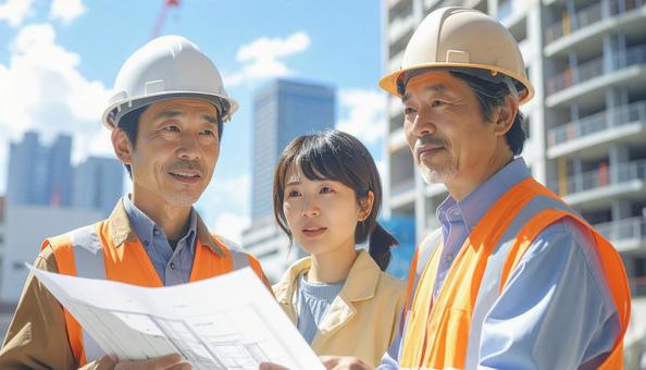 建築現場で図面を見ながら話す作業員 建築現場で図面を見ながら話す作業員の写真