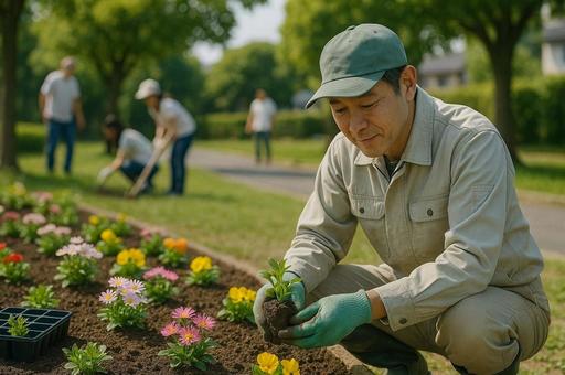公園の花壇に花を植える職員 公園の花壇に花を植える職員の写真