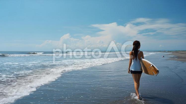 女性サーファーと海 女性,サーファー,サーフボードの写真素材