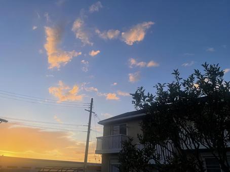 Sunset, evening glow, afterglow, summer sky, blue sky, clouds, JPG