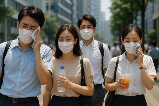 暑い中でマスクを着用する人々 暑い中でマスクを着用する人々の写真