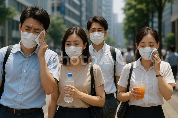 暑い中でマスクを着用する人々 人々,日本,夏の写真素材