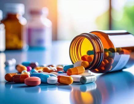 倒れた瓶からこぼれ出る薬の写真