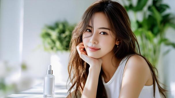 美容液と女性モデルによるスキンケア広告 美容液と女性モデルによるスキンケア広告の写真