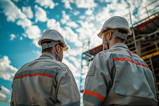 現場で働く建設作業員の後ろ姿と青空の写真