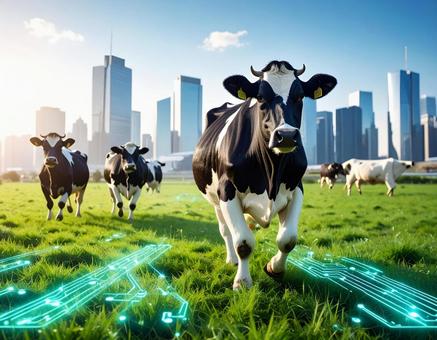 丑年フォト・未来都市を駆けるホルスタインの写真