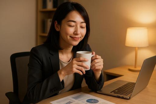 コーヒーで一息つく女性 コーヒーで一息つく女性の写真
