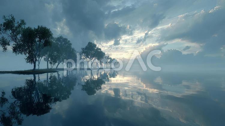 早朝の神秘的な湖畔 水面,湖,反射の写真素材