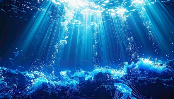 青い光に包まれる深海クラゲ 青い光に包まれる深海クラゲの写真