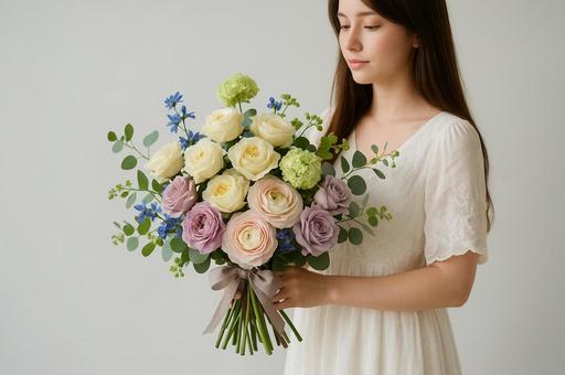 花束を持つ女性 花束を持つ女性の写真