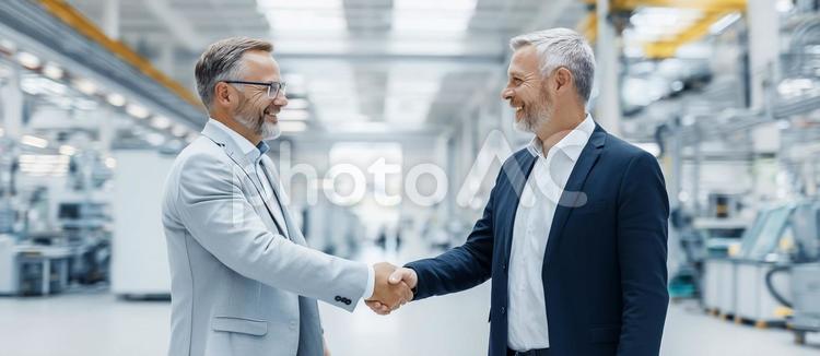 工場での握手とビジネス契約成立 工場,笑顔,握手の写真素材