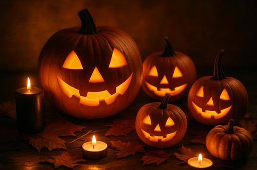 かぼちゃランタンとろうそくの光の写真