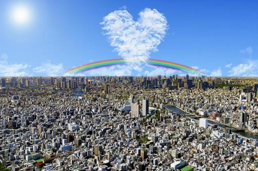 Heart and rainbow of hope on the sky of Tokyo, JPG Heart and rainbow of hope on the sky of Tokyo, business, heart, urban landscape, JPG